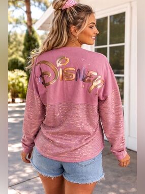 Disney Spirit Jersey Pink Gold Sequin Logo Sweatshirt XS Mickey Glitter